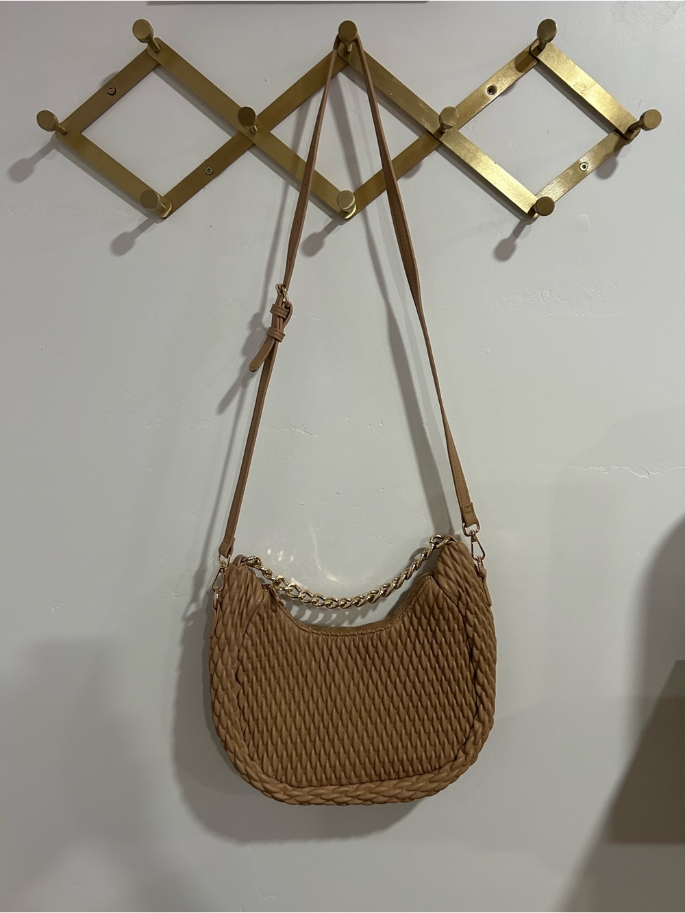 Madison West Woven Tan Shoulder Bag with Gold Chain